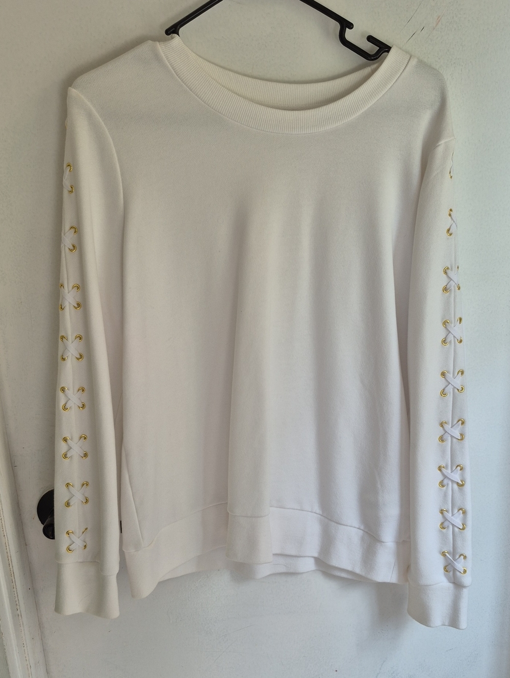 Michael Kors White Sweatshirt with Gold Eyelet Lace-Up Sleeves